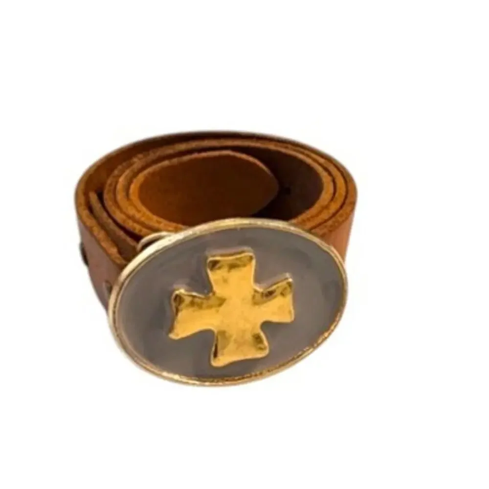 Swanky Belts Gold Cross Buckle Boho Western Leather Belt Size 32 Brown 32-38 USA